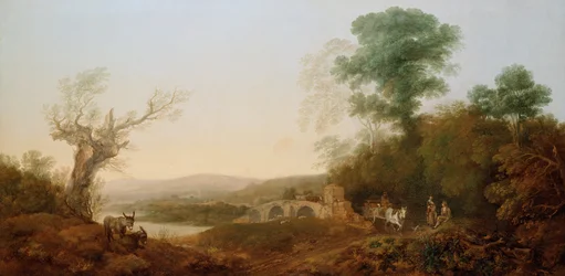 Eine Flusslandschaft mit Reisenden, die am Waldrand rasten